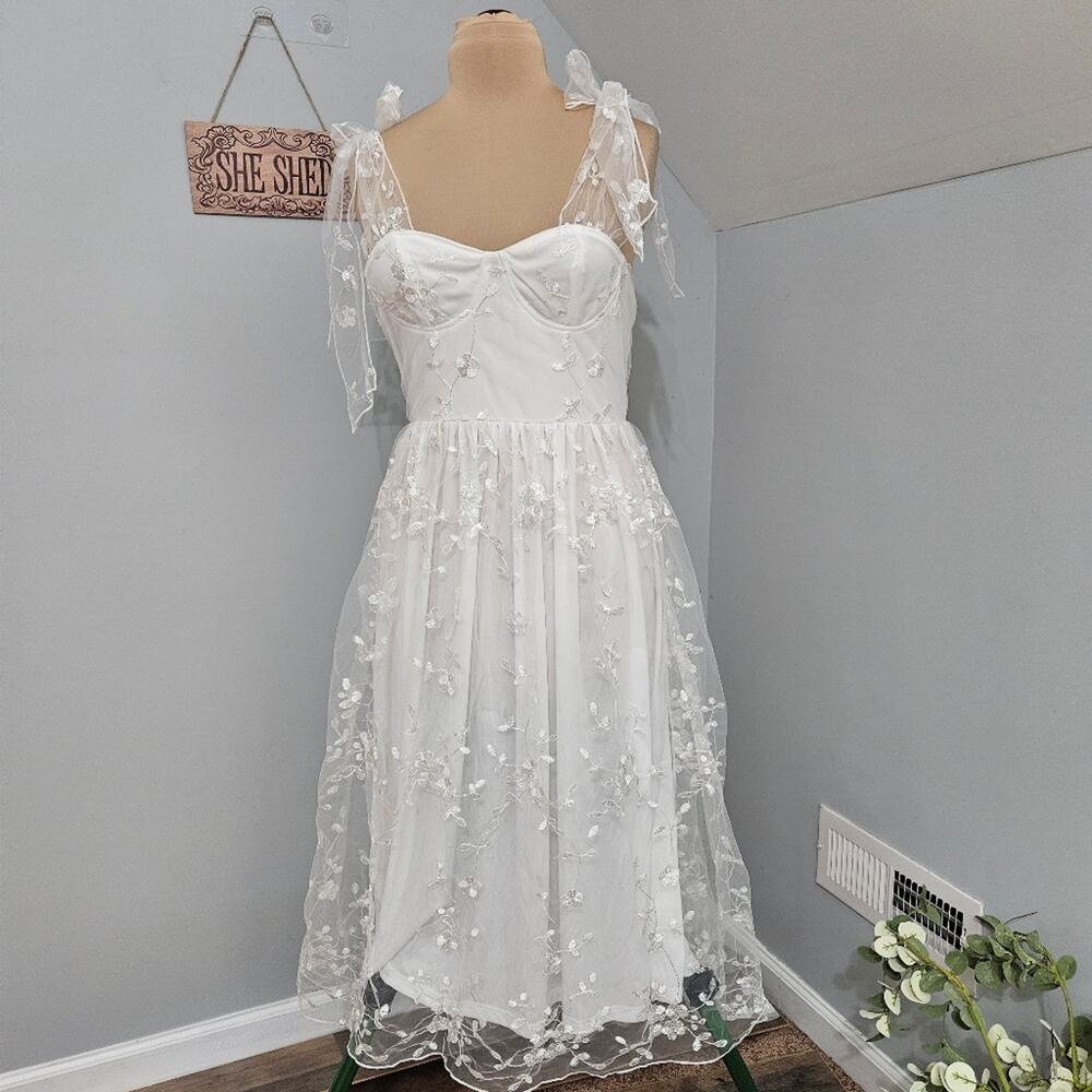 New JJ’s House White Lace Tulle Midi Dress Romantic Bridal L Wedding Milkmaid